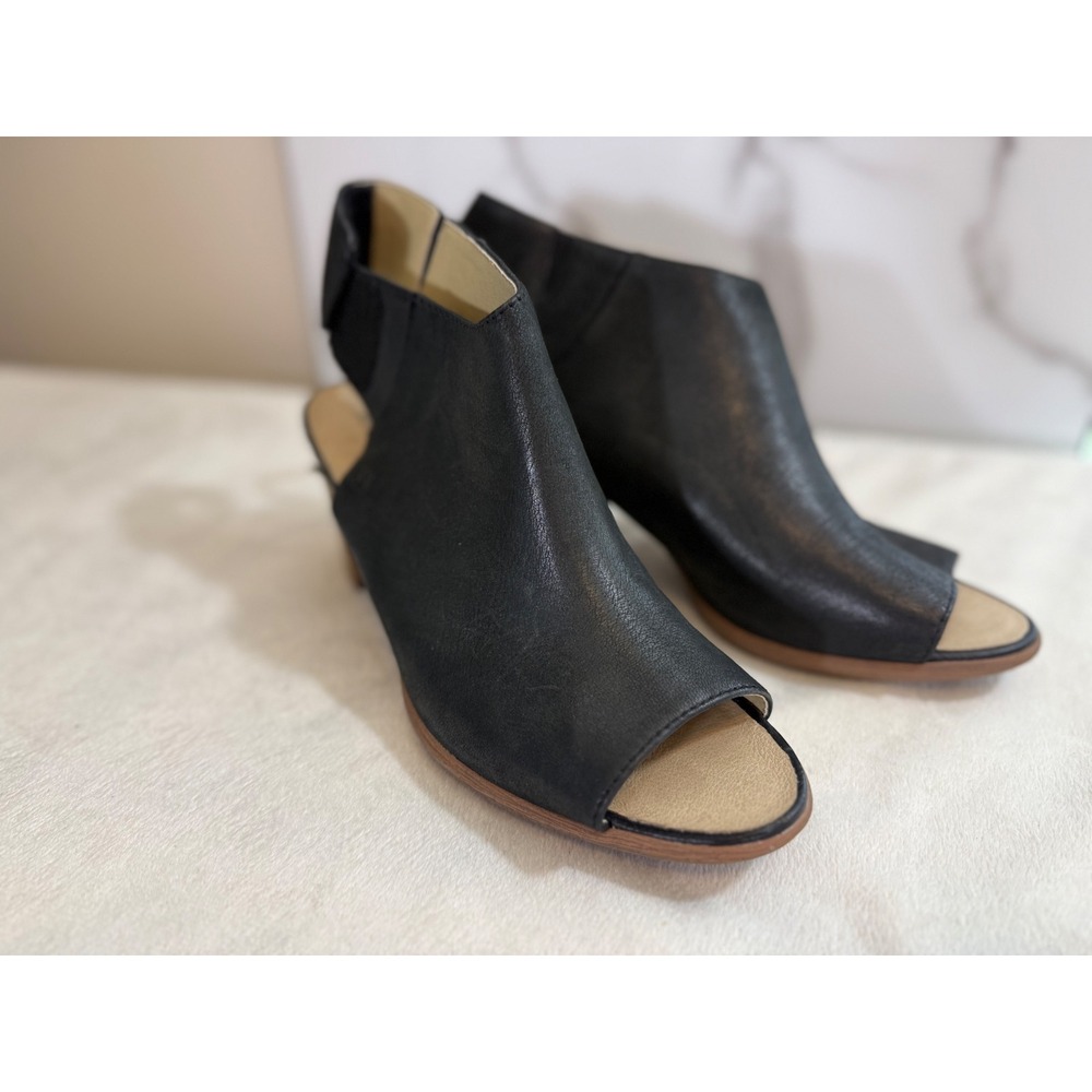 Josef Seibel Women's 38 Black Leather Peep Toe Ankle Booties Block Heel